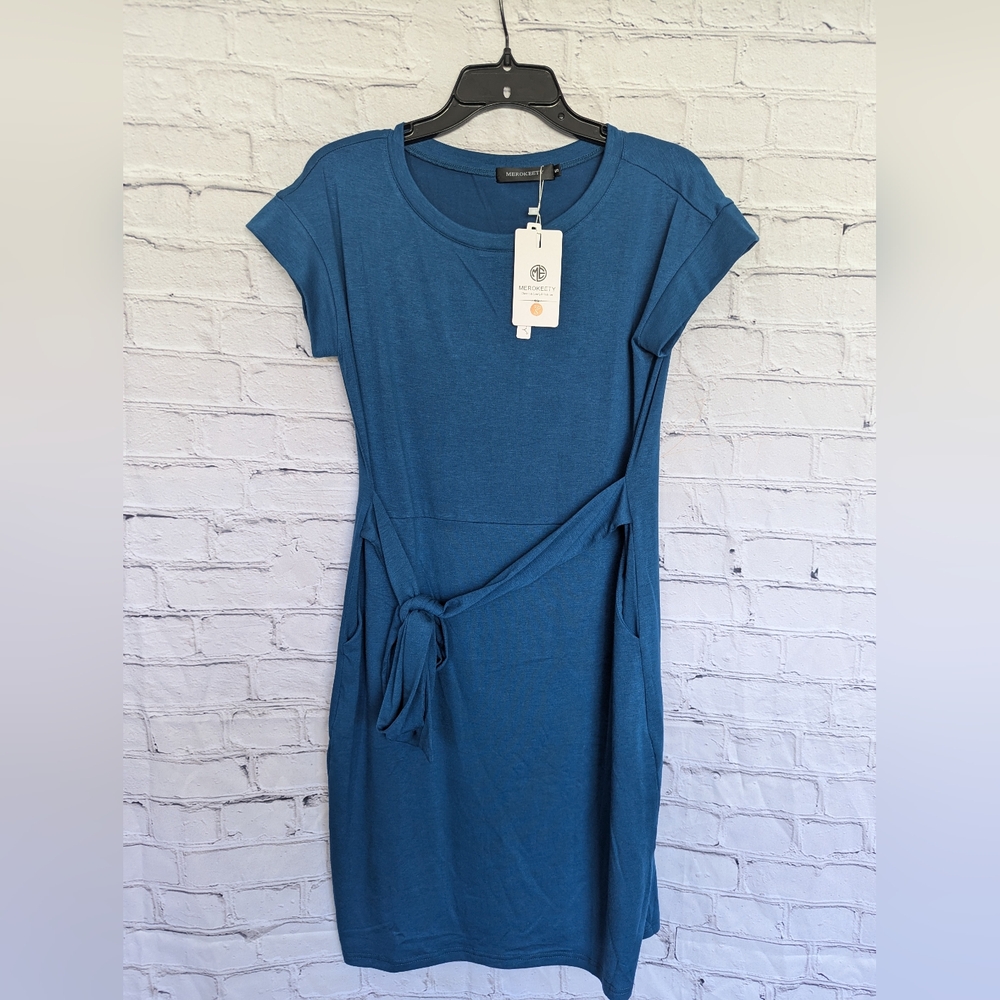 Merokeety Summer Short Sleeve T Shirt Dress with Tie Waist & Pockets Size S NWT